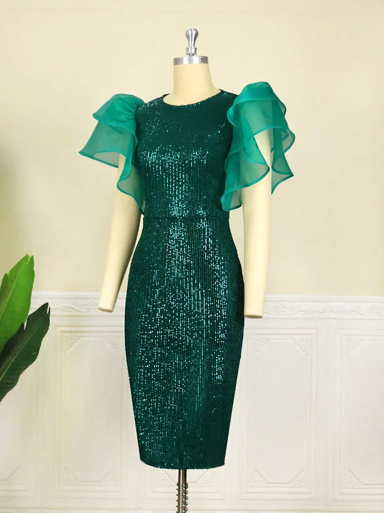 Vintage Women Green Sequin Dress Plus Size Flutter Sleeve Glitter Midi Bodycon Dresses Summer Party Celebrity Gowns 3XL 4XL