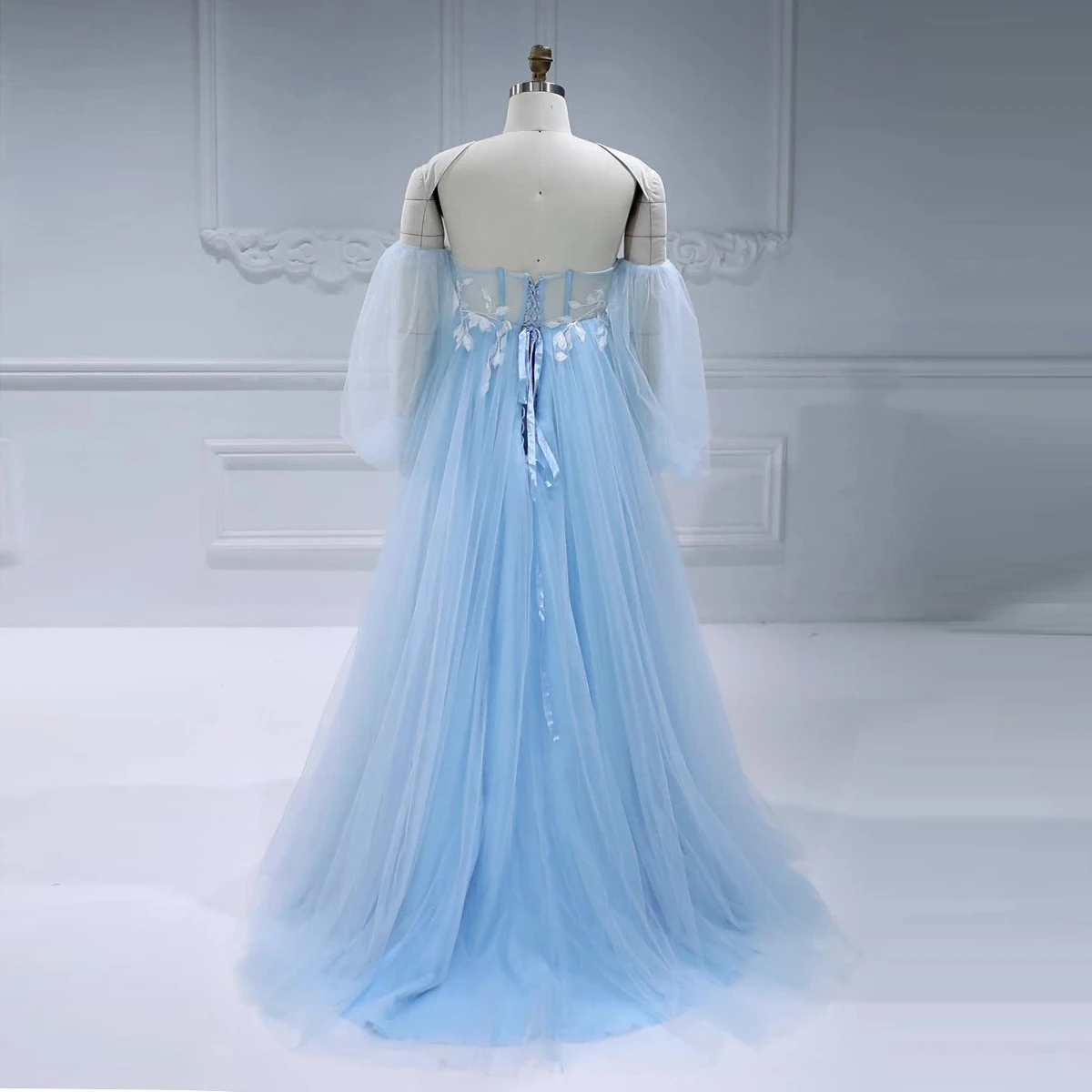 Blue Tulle Maternity Dress for Photo Shoot with Detachable Sleeves Pregnancy Shooting Dress Boho Photoshoot Dress YEWEN #17957-1