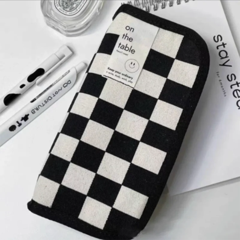 Large Capacity Pencil Case Black and White Checkerboard Grid Large High Value Storage Pencil Bag Student Canvas Stationery Box