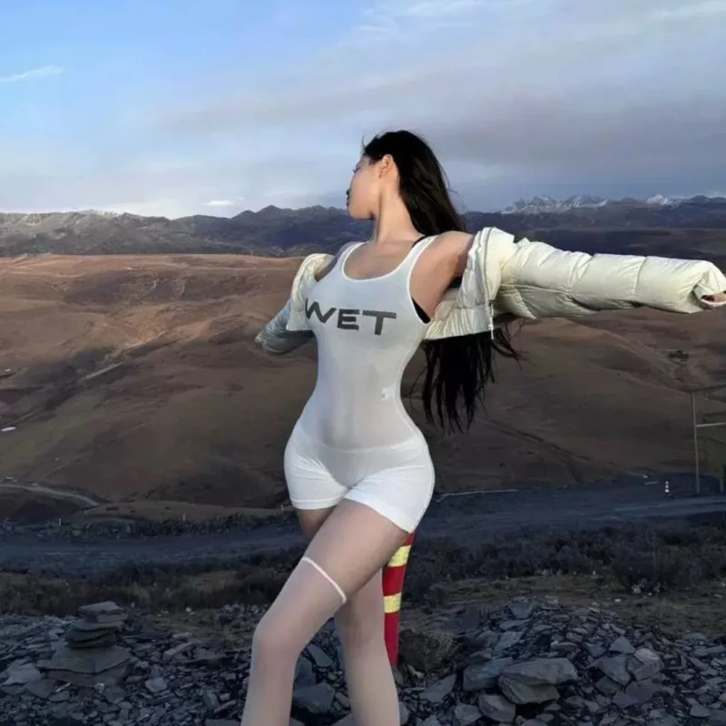 

American Street Hot Girl Style Sexy Fitness Camisole Letter Jumpsuit Cycling Sports Yoga Sleeveless Jumpsuit Shorts