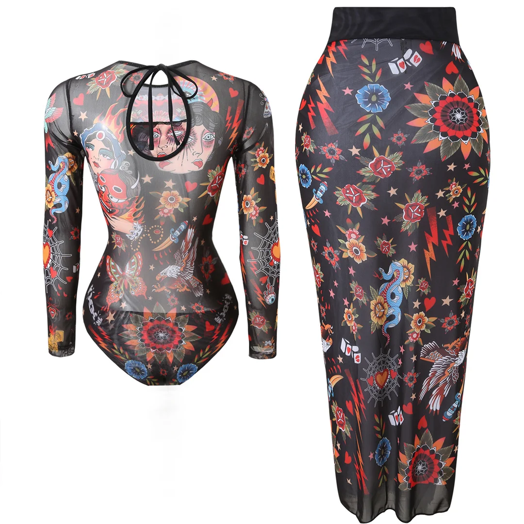 S - XXL, bedruckter, langärmeliger Badeanzug mit Sarong, einteiliger Badeanzug für Damen, Damen-Bademode, Blumenmuster, gepolsterter Badeanzug, Badebekleidung, Modell V7181. – Detail 29