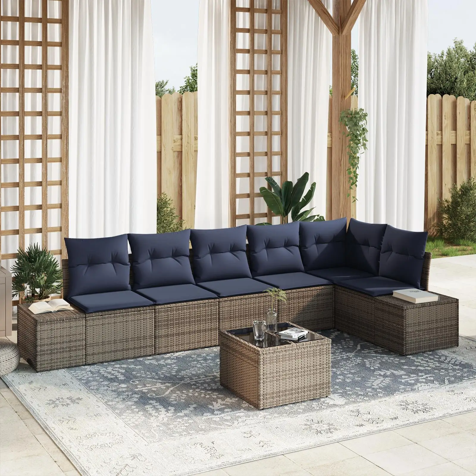 

Stylish 7 Piece Grey Poly Rattan Garden Sofa Set with Comfortable Cushions for Outdoor Relaxation