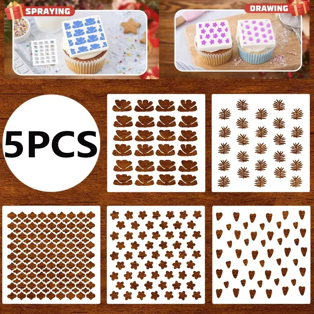 Cake Cookie Stencils 5Pcs 12x12cm, Heart Pine Needle Clover Flower Patterns, Food Grade PET Templates for Baking & Journal Decor