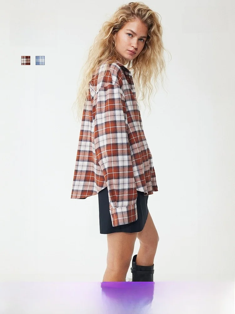 

Женская хлопковая рубашка H&M, повседневная, свободного кроя, модная, в клетку, для работы, весенняя, из чистого хлопка, длинная...