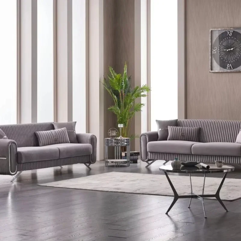 

Hot Selling Modern Luxury Convertible Sofa Set Stainless Steel Button Tufted