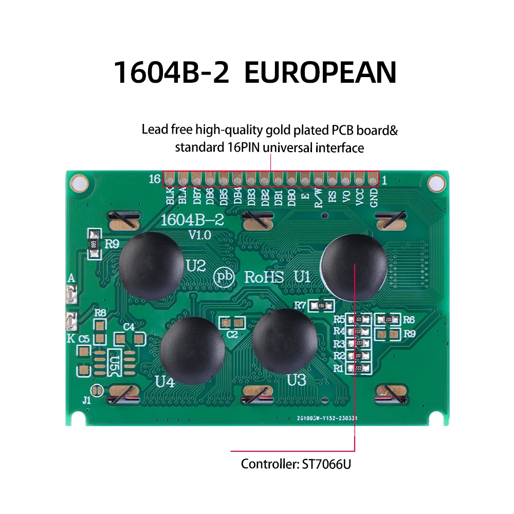 LCD1604B-2 Europese Karakter Dot Matrix Scherm 16*04 Grijze Film Blauwe Letters 16 Pin Standaard Interface Spanning 3.3V