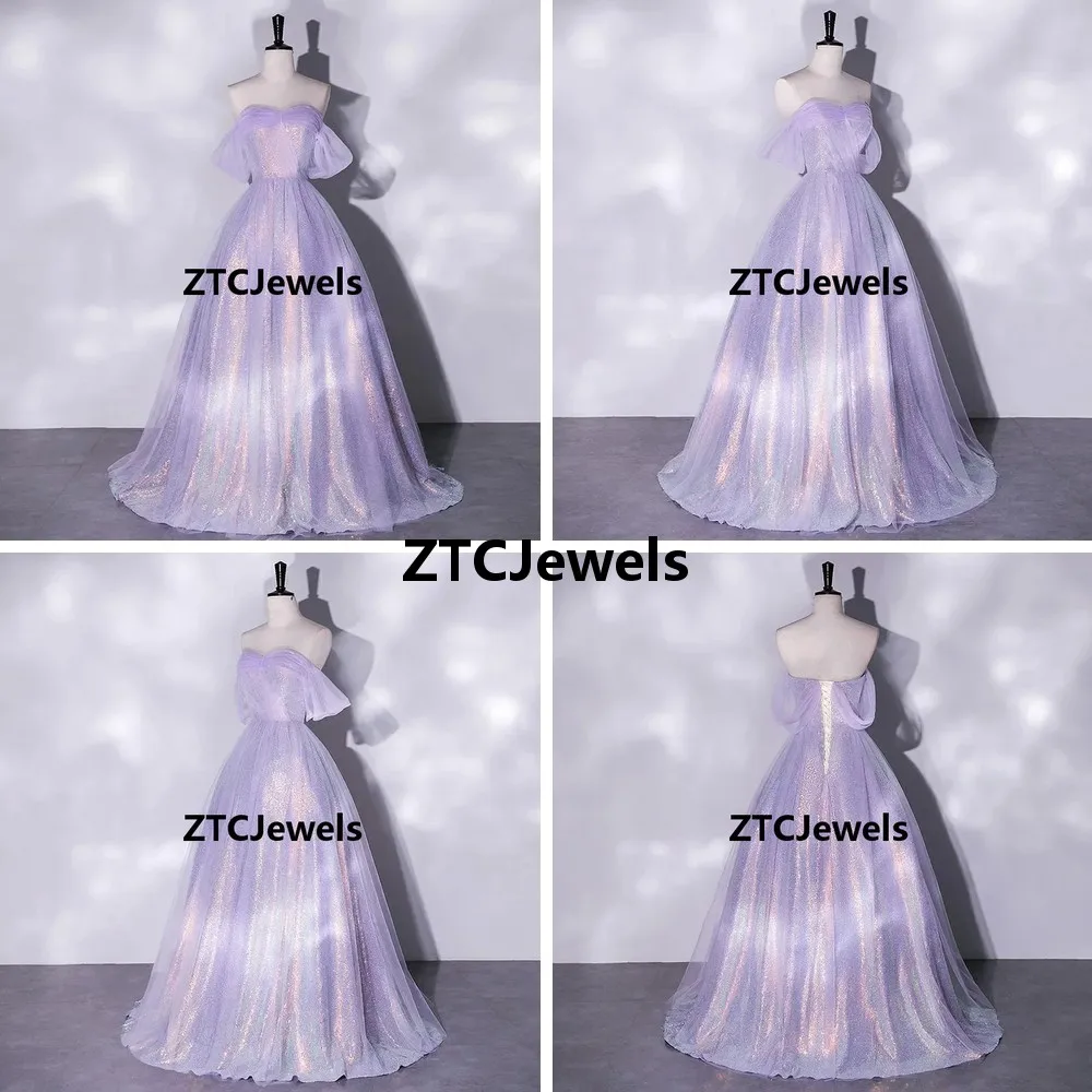 

Shiny Violet Orchid Prom Dress Women Sequins Tulle Strapless Princess Gown Wedding Party Cosplay Evening Gown