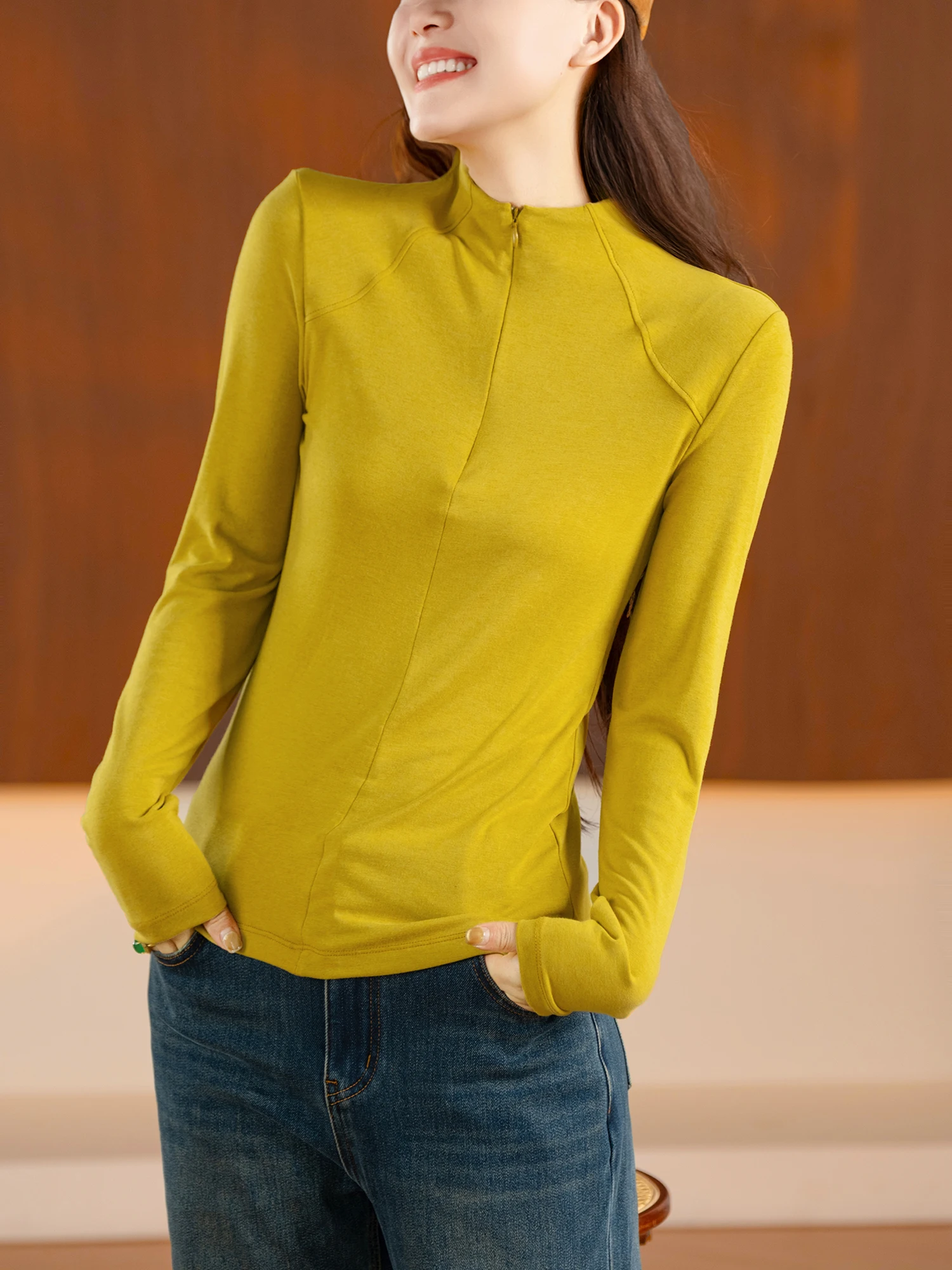 Acetate Wool Lyocell Half Zipper Stand Collar Slim Fit Base Shirt Paper Person Top Casual Style Women's T-shirt Standard Fit