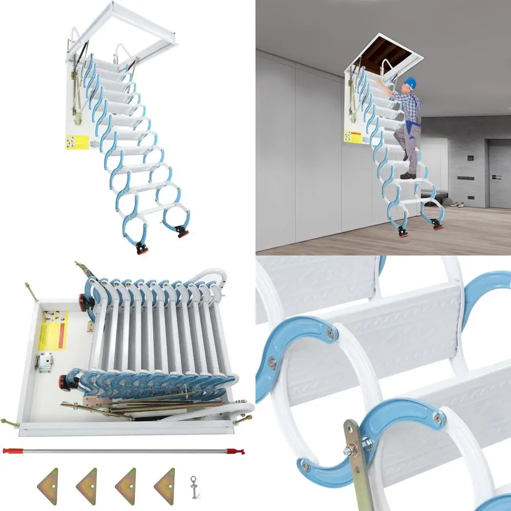 

heavy-duty 660lbs retractable 11-step orange-white attic ladder for 9.84ft ceiling mount
