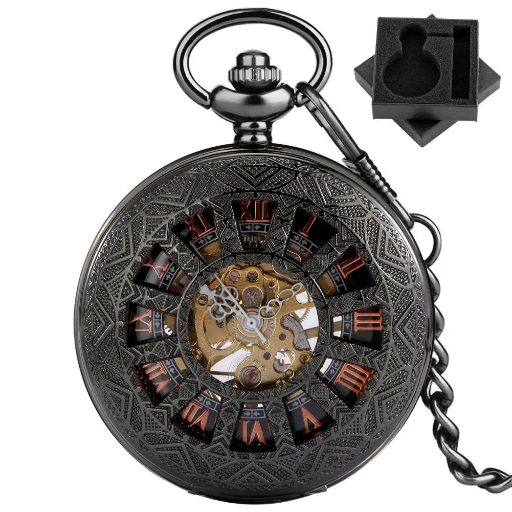 

Черные механические карманные часы в стиле стимпанк с ручным заводом, римские цифры, циферблат, брелок-цепочка Half Hunter, кулон, часы, подарок в стиле ретро, мужской