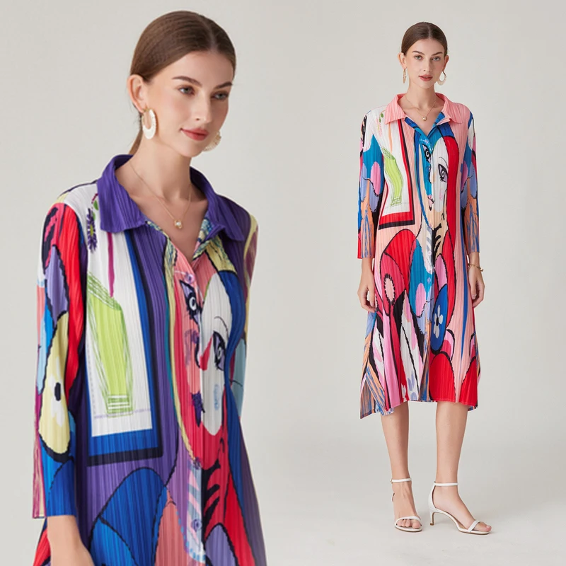 2024 Miyake Pleats Collection Trendy Printed Pleated Single-Breasted Long Dress for Summer Unique Selling Points Standout Style