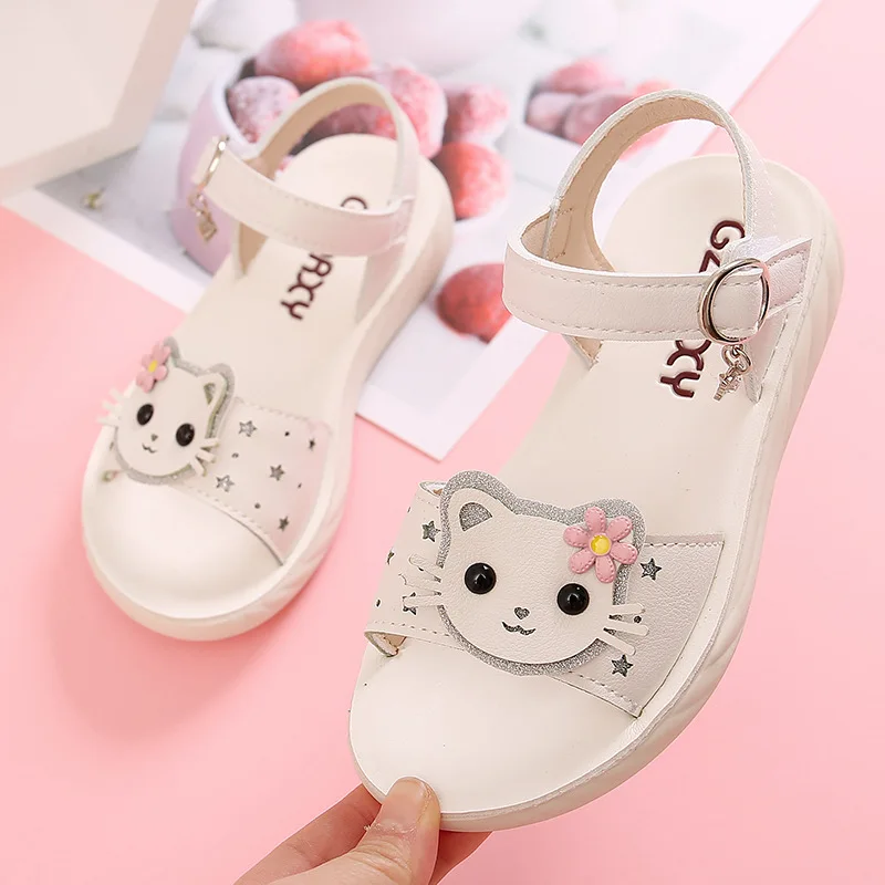 Girls Princess Sandals 21-37 Soft Sole Kids Beach Shoes Cute Open Toe Little Cats Flat Sandals Fashion Baby Non-slip Roman Shoes