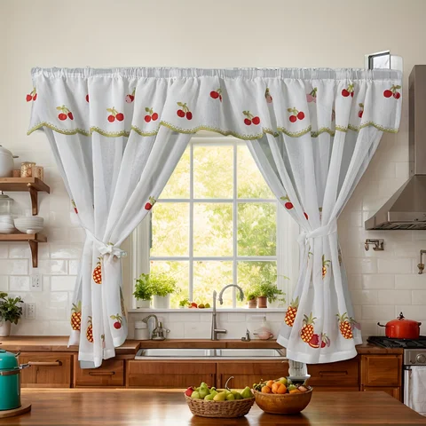 Tenda per finestra mini mantovana in pizzo ricamato con ciliegia rustica, nessuna punzonatura richiesta, tenda corta trasparente per l'arredamento in stile country