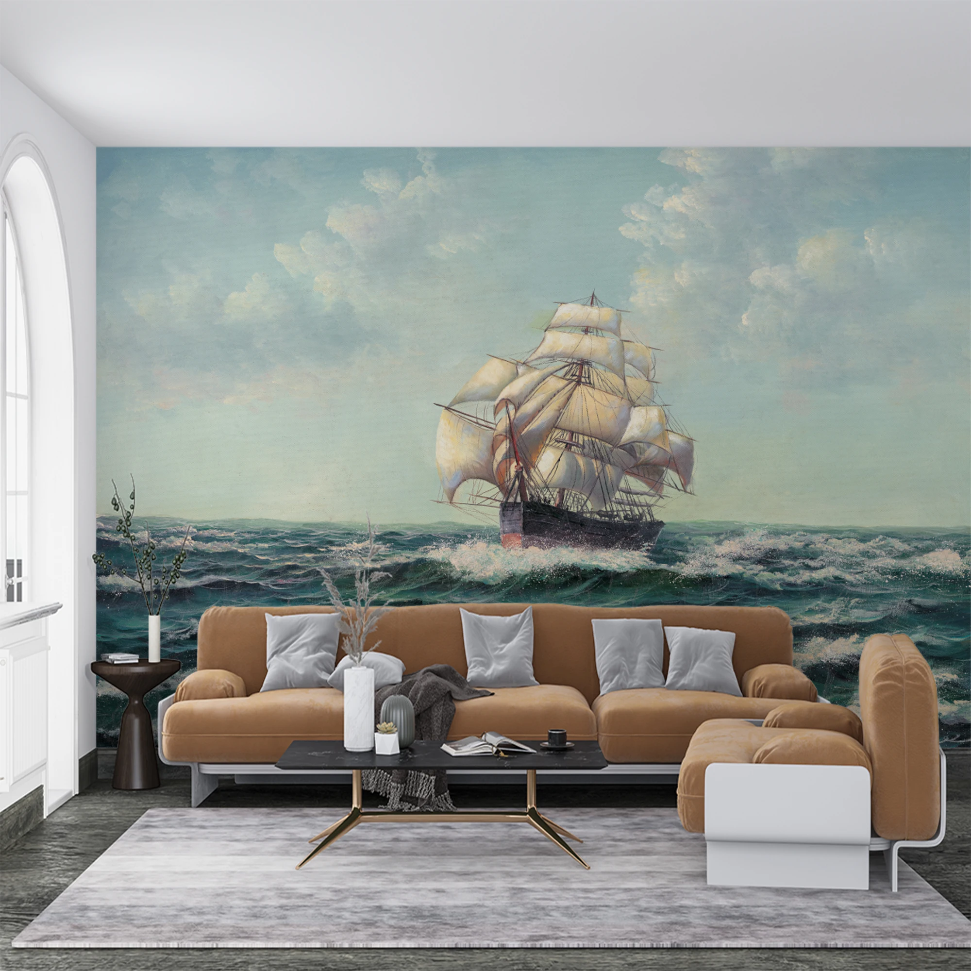 Custom Mural Wallpaper Vintage Oil Painting Sailing Ship on Ocean, Retro Sea Wave Wall Mural for Study Room Decor