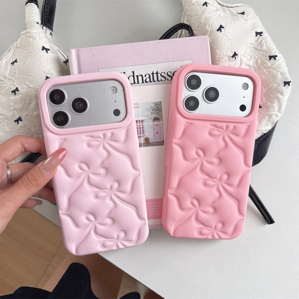 Coquette Cute Puffy Pastel Pink Bow Embossed Phone Case for 17 Pro Max Girly Soft Silicone Protect Cover for iPhone 16 15 14 13
