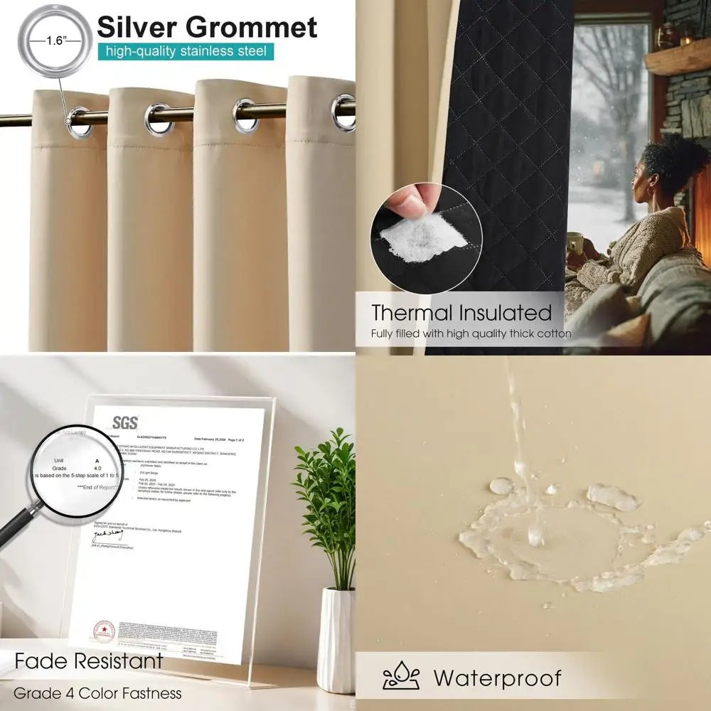 

Waterproof Insulated Outdoor Curtains, 2-Panel, 52x84, Fade Resistant, Windproof, Grommet Top, Biscotti Beige