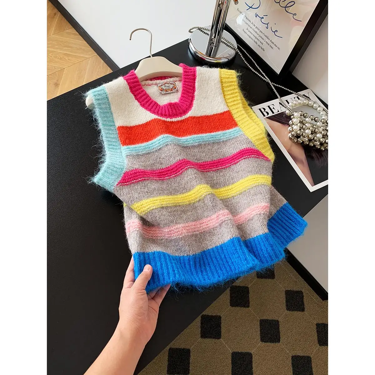 

Милый жилет в радужную полоску, женский вязаный свитер, модная майка, удобный мягкий шерстяной материал