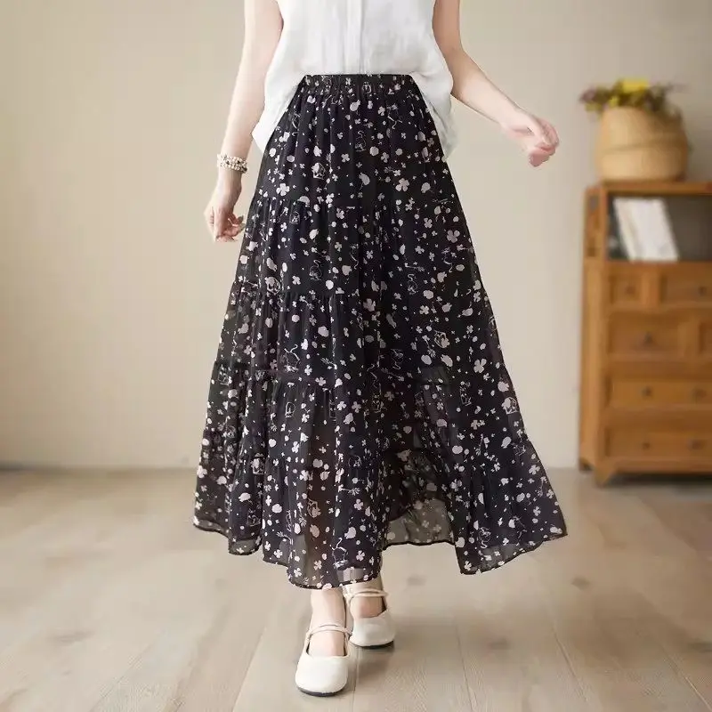 2024 Summer Chiffon Skirt High Waist Lady Fashion Casual Retro Loose Pleated A-Line Long Floral Skirt Mujer Faldas  K1563