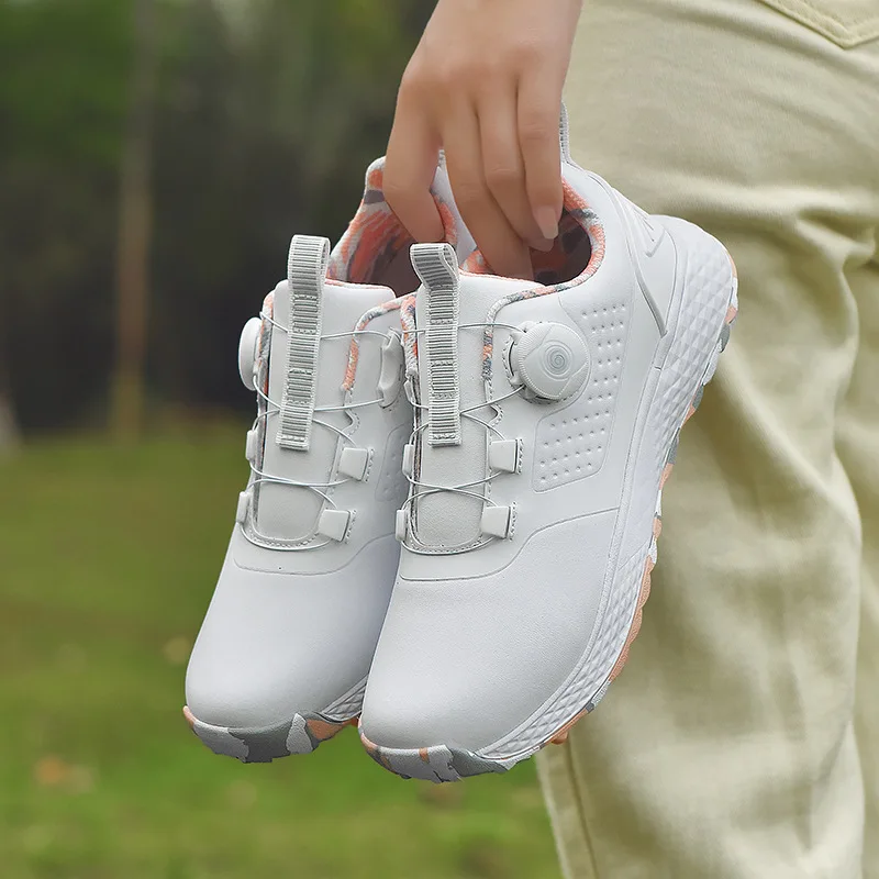 Comfortable Golf Shoes for Men and Women Waterproof Automatic Knob Retractable Laces Non-slip Fixed Nails Outdoor Golf Sneaker