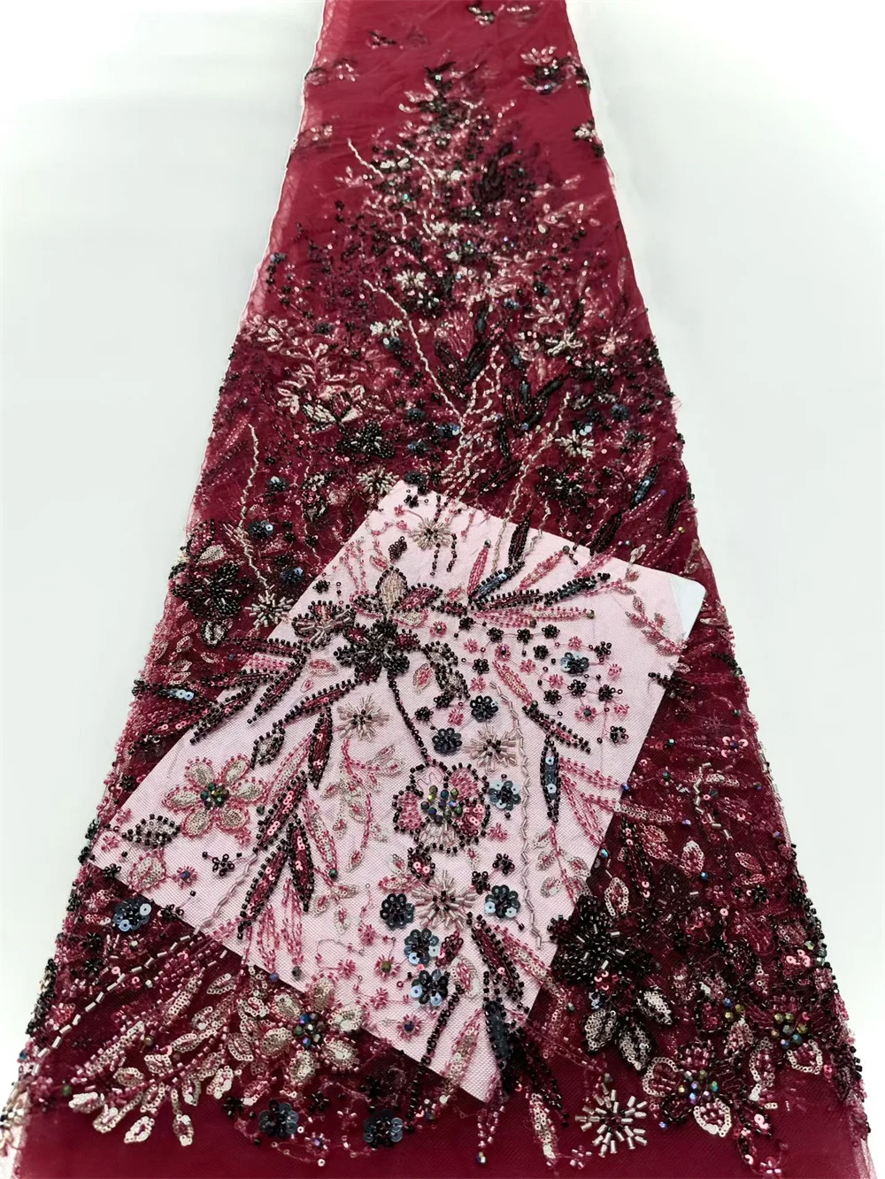 

Wine Luxury African Sequins Lace Fabric High Quality 5 Yards Handmade Beaded Nigerian French Lace for Wedding Party Dress Hm4-1