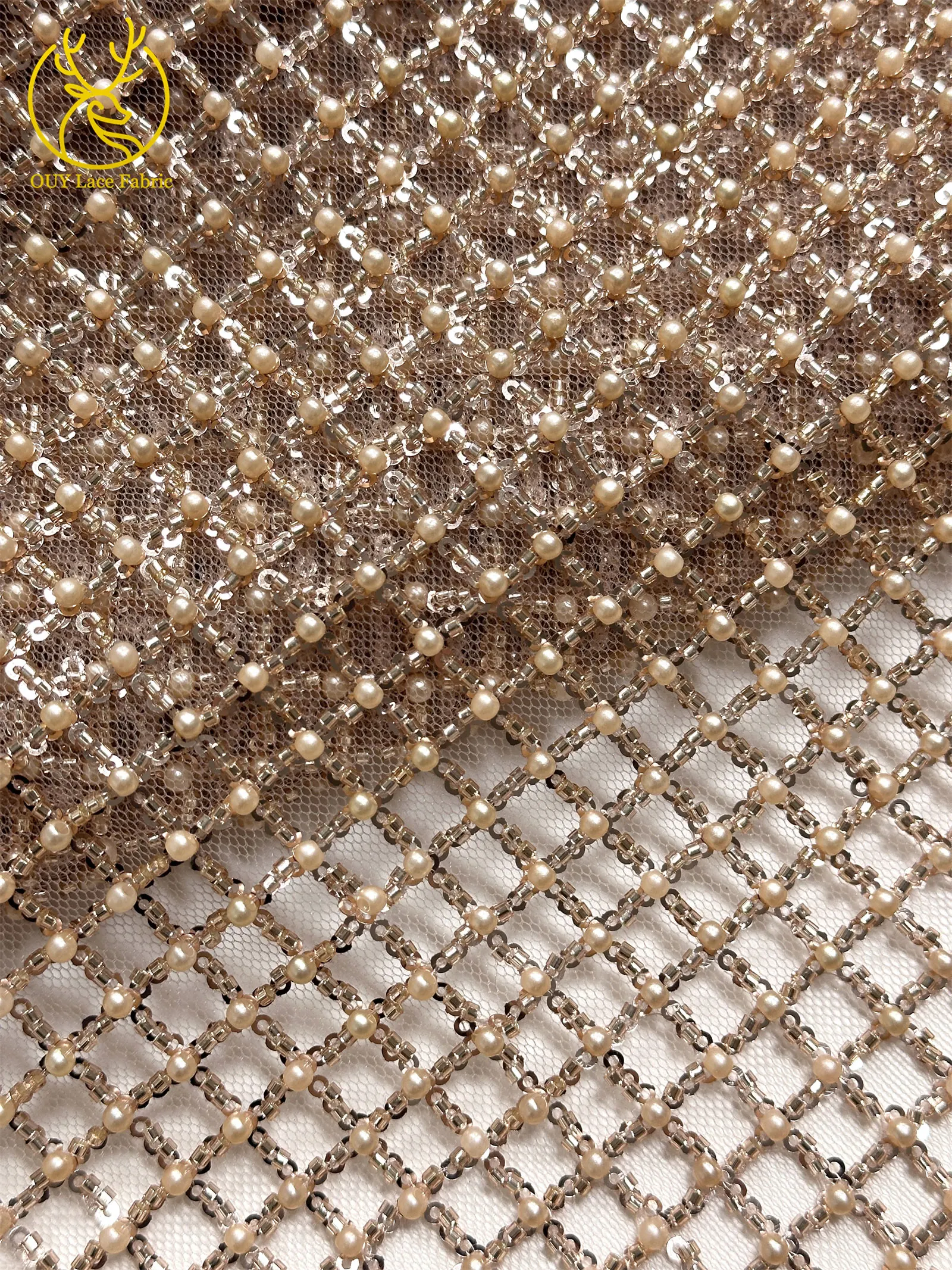 Luxuriöser Partykleid-Spitzenstoff, Tüll-Spitzenstoff mit Perlen, Hochwertiger Pailletten-Netz-Spitzenstoff für Hochzeitskleider, 5 Yards – Detail 21