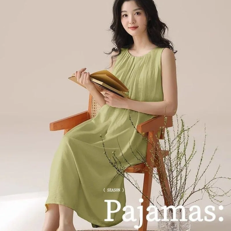 Women Summer Camisole Nightdress Chest Pads Lady Sleeveless Dress Woman Loose Long Dress Loungewear Casual Homewear Young Girls