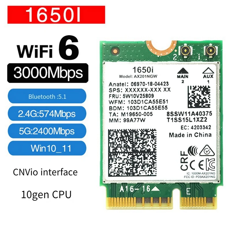 1650I AX201NGW Wifi Card 3000Mbps WIFI6 2.4G/5G Dual-Band Cnvio2 Bluetooth 5.1 Wireless Wifi Adapter For Win10/Win11