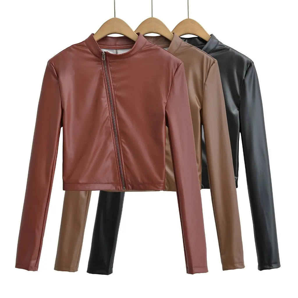 

Spice Girl Style PU Leather Jacket for Women Oblique Zipper Special Agent Design Slim-fit Vertical Collar Autumn New