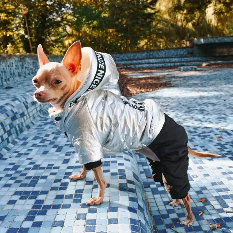 

Silver Jumpsuit For Dogs Thick Pet Hoodie Parka Winter Dog Clothes Warm Four Legs Overalls for Dogs Cotton Cat Dog Onesie S XXL