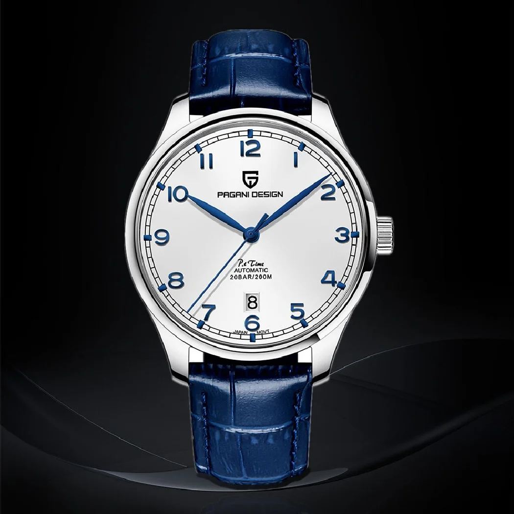 ページニ-男性用パイロット腕時計,トップブランド,自動,高級スポーツ,機械式腕時計,防水,本革,200m