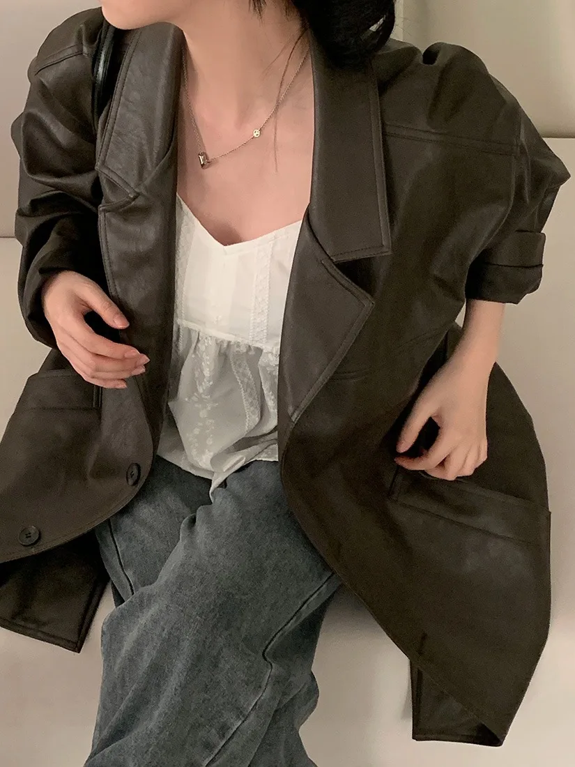 Chic Herbst Neue Retro Britischen Stil Einzigen Taste Lose Beiläufige PU Leder Jaet Lange Sve Anzug Oberbekleidung Frauen