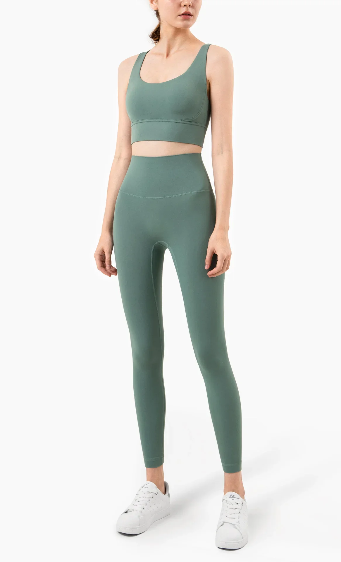 Damen Zweiteiliger Yoga-Anzug in Unifarbe, Hochintensiver Rückenfreier Yoga-BH, Hochgeschnittene Hüftlift-Leggings, Lauf- und Trainingsset – Detail 24