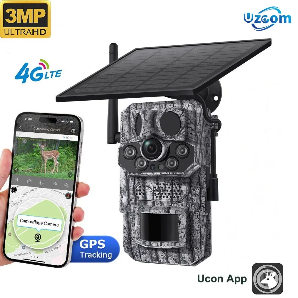 Uzoom 2K Solar Powered Hunting Camera SIM 4G Tracking with App Control Night Vision Color Animal Monitoring Built-in Li-Battery