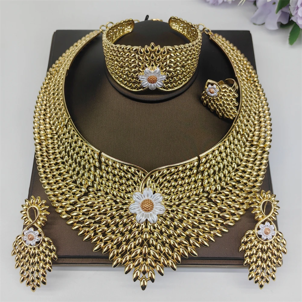 

Africal Gold Color Big Jewelry Set Hollow Out Design Necklace Bracelet Earring Ring For Women Bridal Wedding Jewellery Gift
