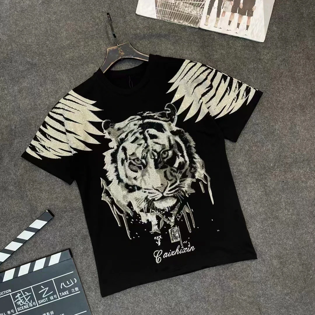 

Luxury Domineering Tiger Hot Drilling T-shirts Diamonds Wings Large Siize Loose Oversize Top Streetwear Cotton Tshirt Handsome