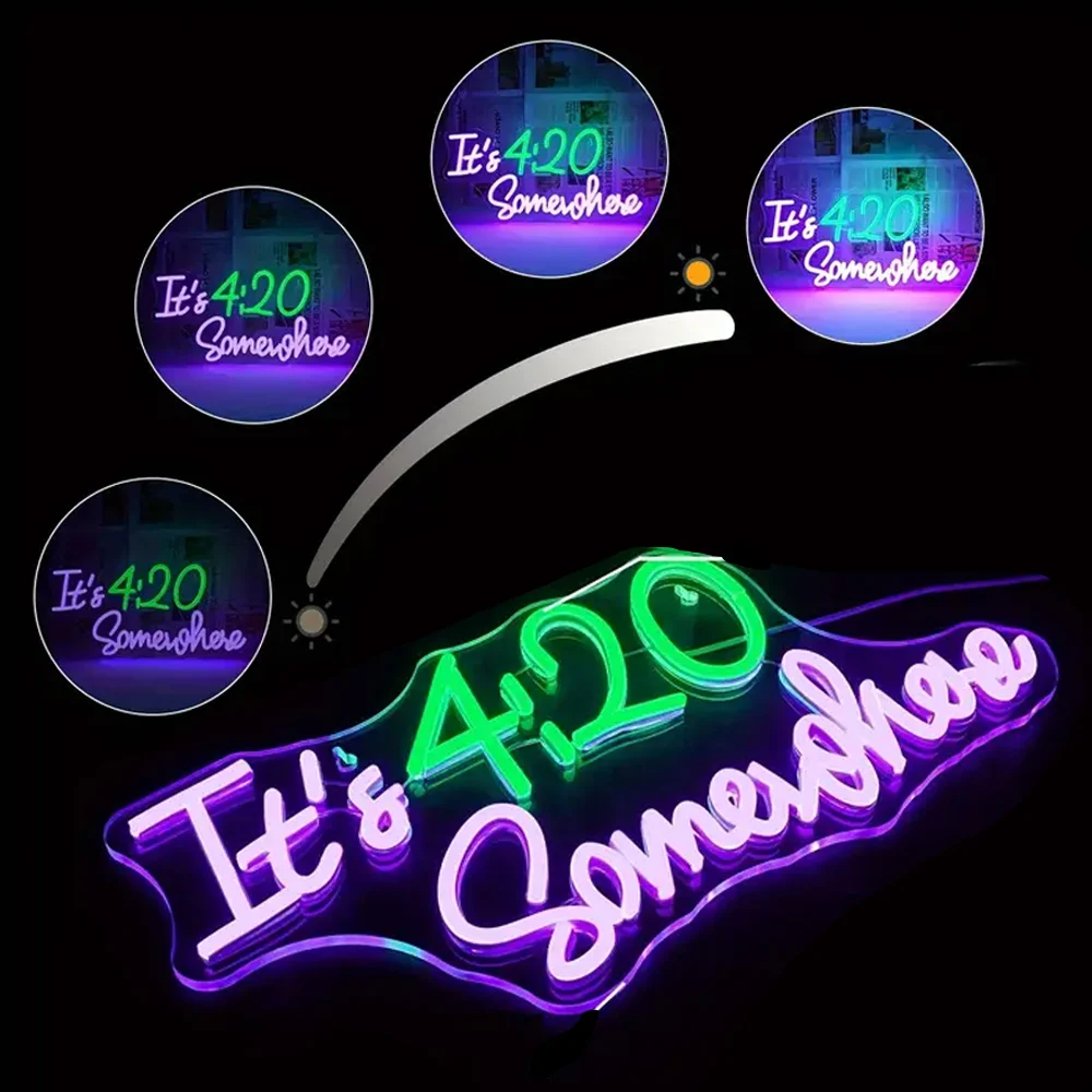 Art Deco Style Neon Sign It's 4:20 Somewhere-Acrylic LED Wall Hanging with Green and Purple Lighting, USB Powered,for Home Decor