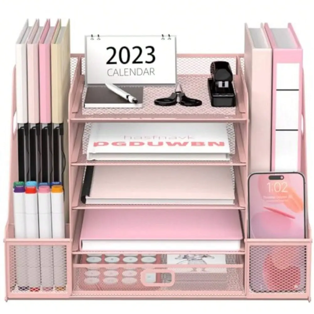 

Mesh Desk Organizer With File Holder, 5Tier Paper Letter Tray Organizer With Magazine Holder, Desktop Organizer And Storage Wit