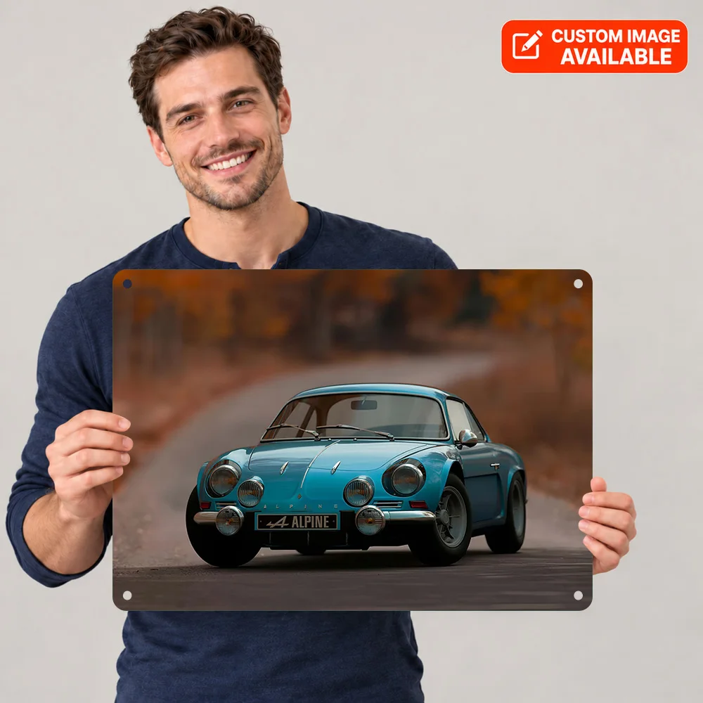 Blue French Classic Car On Road Aluminum Poster Personalized Metal Sign Roadside Landscape Illustration Wall Art For Workshop