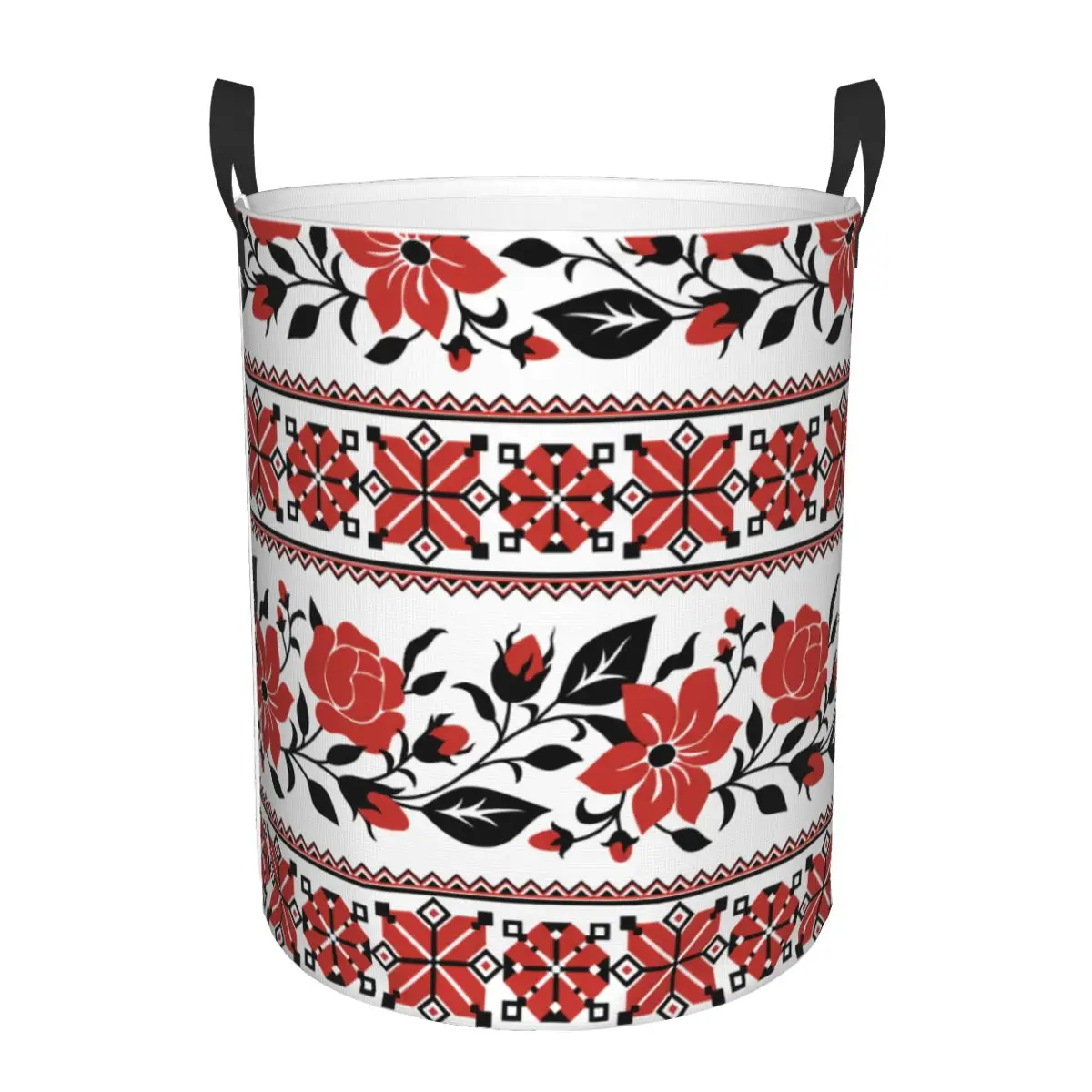 Custom Print With Red Rose And Mallow Ukrainian Traditional Embroidery Laundry Collapsible Clothes Hamper Storage Bin Nursery