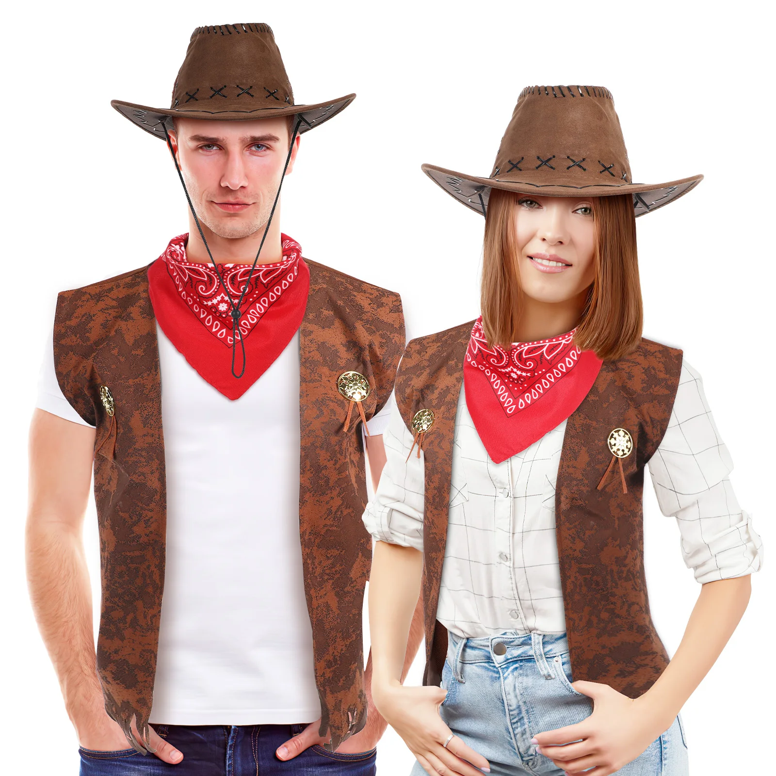 3pcs Cowboy Cosplay Costume Accessory Fashion Hat Vest Triangle Scarf Set Creative Masquerade Decor Clothes For FestivalCarnival