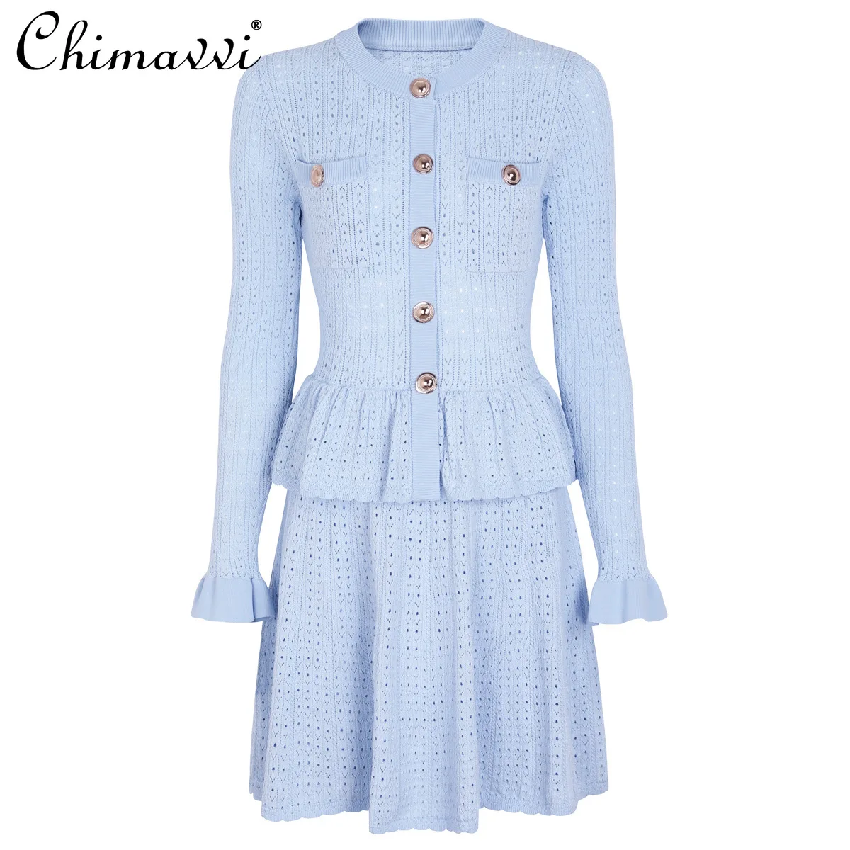 

High-End Elegant Women's Knitted Dress 2025 Autumn New Fashion Round Neck Slim Long Sleeve Slimming Short Commuter Dress