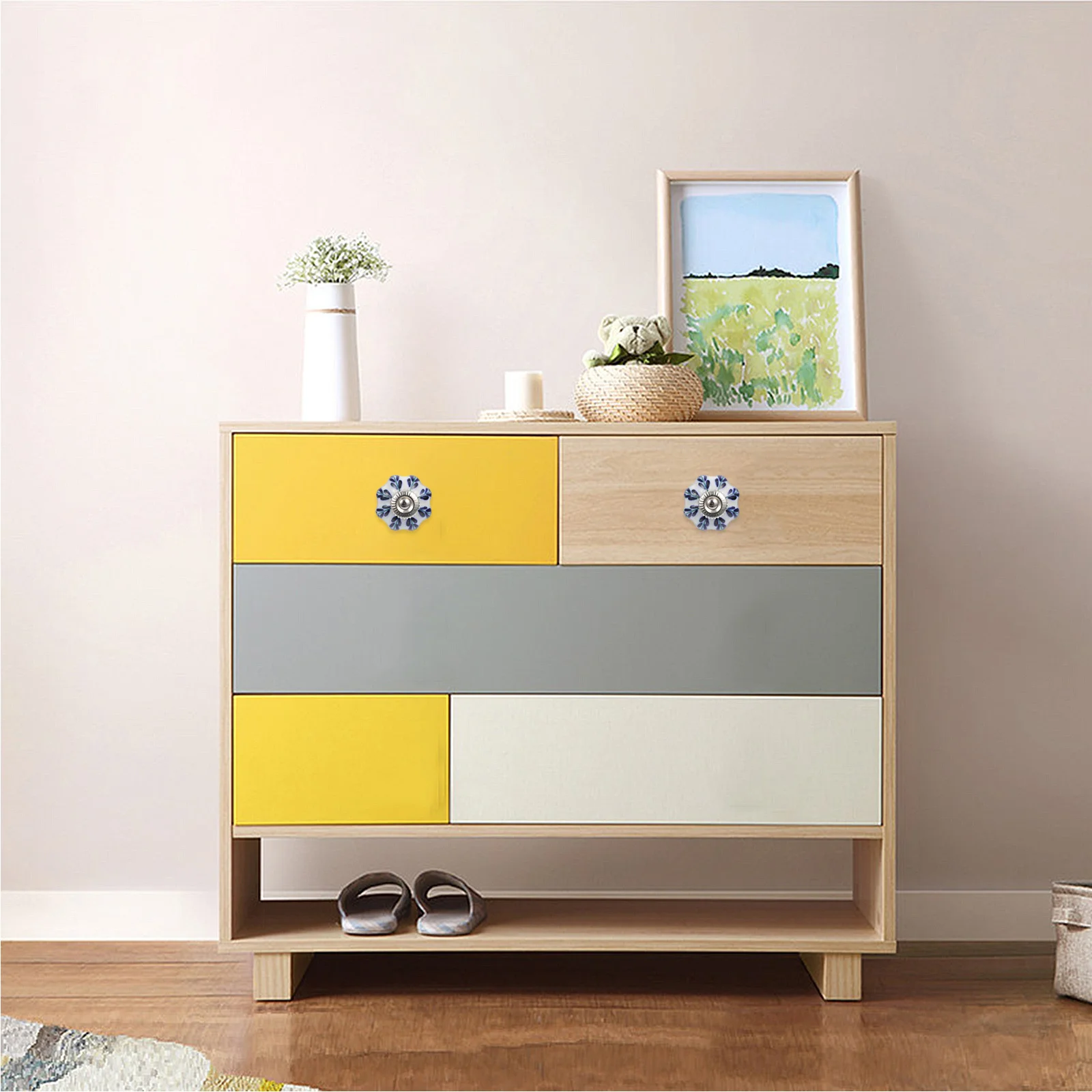 

3Pcs Ceramic Drawer Knob Light Compact Easy Install Printed Pattern for Cabinet Wardrobe Shoe Cabinet Decorative Door Handle