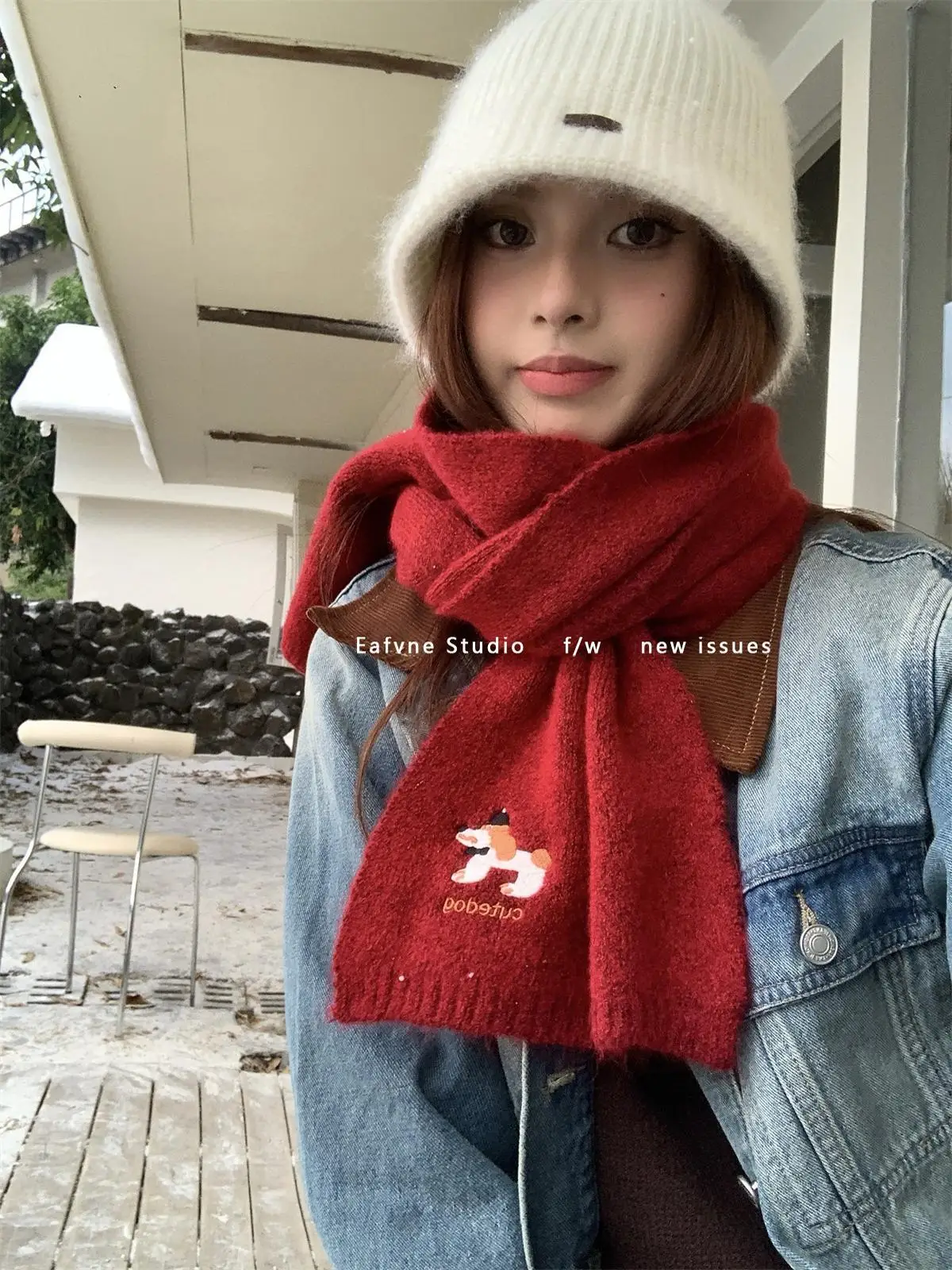 Puppy Embroidered Winter Cold Christmas Red Scarves Cartoon Warm Scarf Woman Christmas Scarves for Women Sweet Girls 2024 Gift