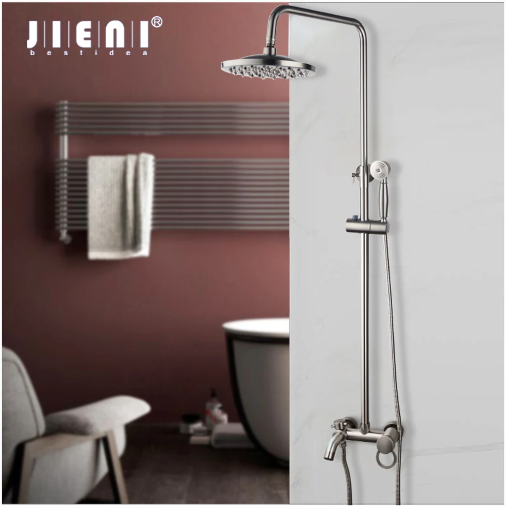 

JIENI 8 Inch Nickel Brushed Shower Faucet 3 Ways Wall Mounted Rain Bathtub Shower Head Handheld Spray Bathroom Mixer Shower Set