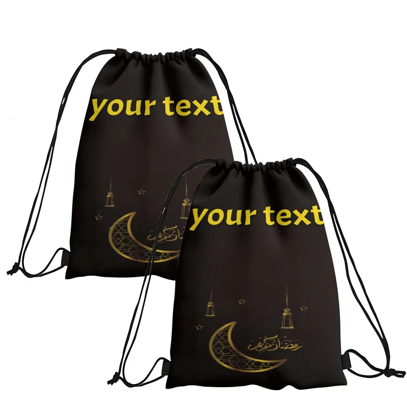 Mochila com cordão de texto personalizado de 3 tamanhos, saco de ginástica esportivo, saco de armazenamento multiuso, festival do ramadã, escola, viagens, praia, acampamento