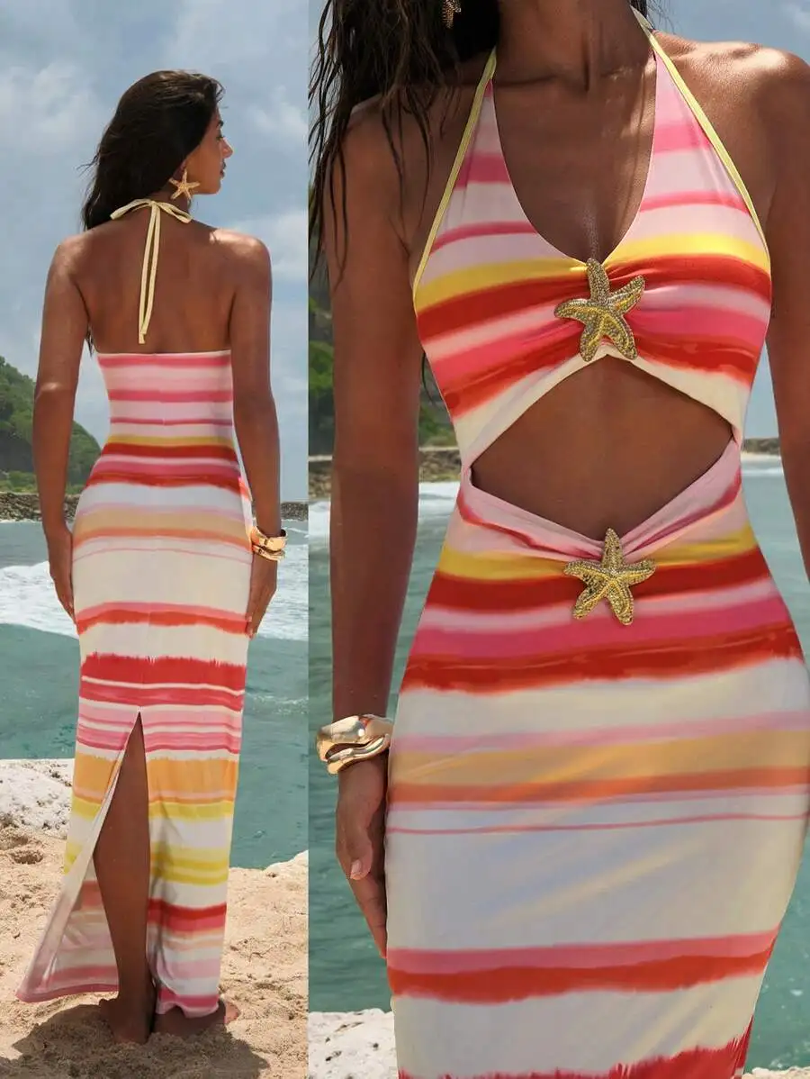 

Striped Halter Neck Cut-Out Maxi Dress with Starfish Embellishments