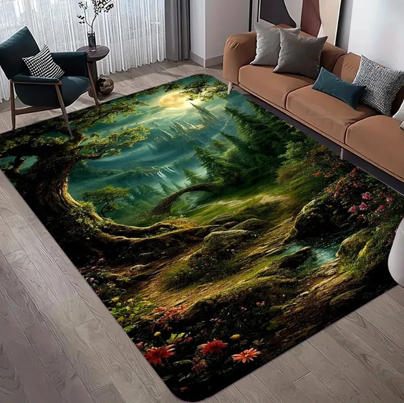 Natural Scenery 3D Carpet for Living Room Green Forest Waterfall Landscape Rug Bedroom Anti-slip Carpet in The Bathroom Large
