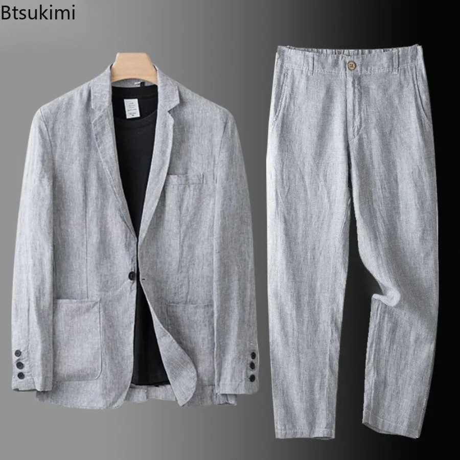 

2025 Summer Linen Suit Sets Men's Blazers Pants Suit Loose Casual High Street Sunscreen Jackets Long Trousers Set Male Clothes