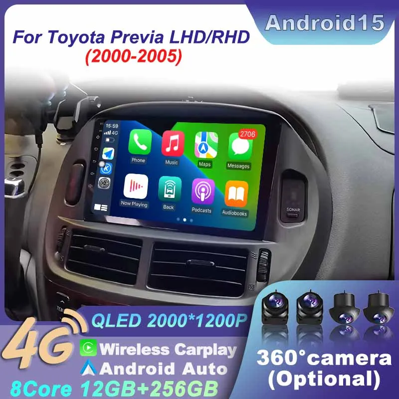 Android 15 навигационный мультимедийный плеер для Toyota Previa LHD/RHD 2000-2005, автомобильный беспроводной Carplay, авто стерео, WIFI, видео 10 дюймов