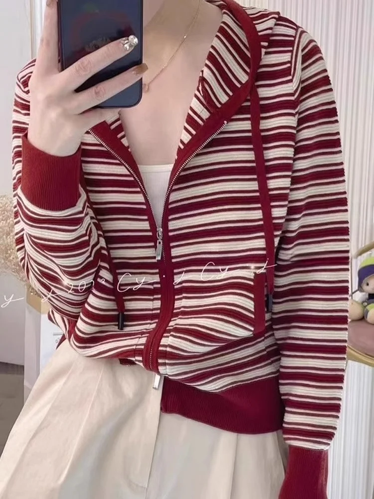 

Повседневная толстовка с капюшоном на молнии Long Sve, вязаный кардиган, женский модный полосатый дизайн, шерстяной топ V-Ne, прямой...